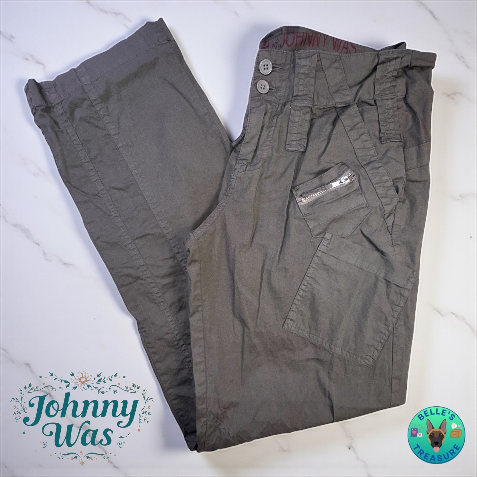 Johnny Was Cargo Pants Womens 8 Olive Green Utility Pockets Relaxed Casual 32x30